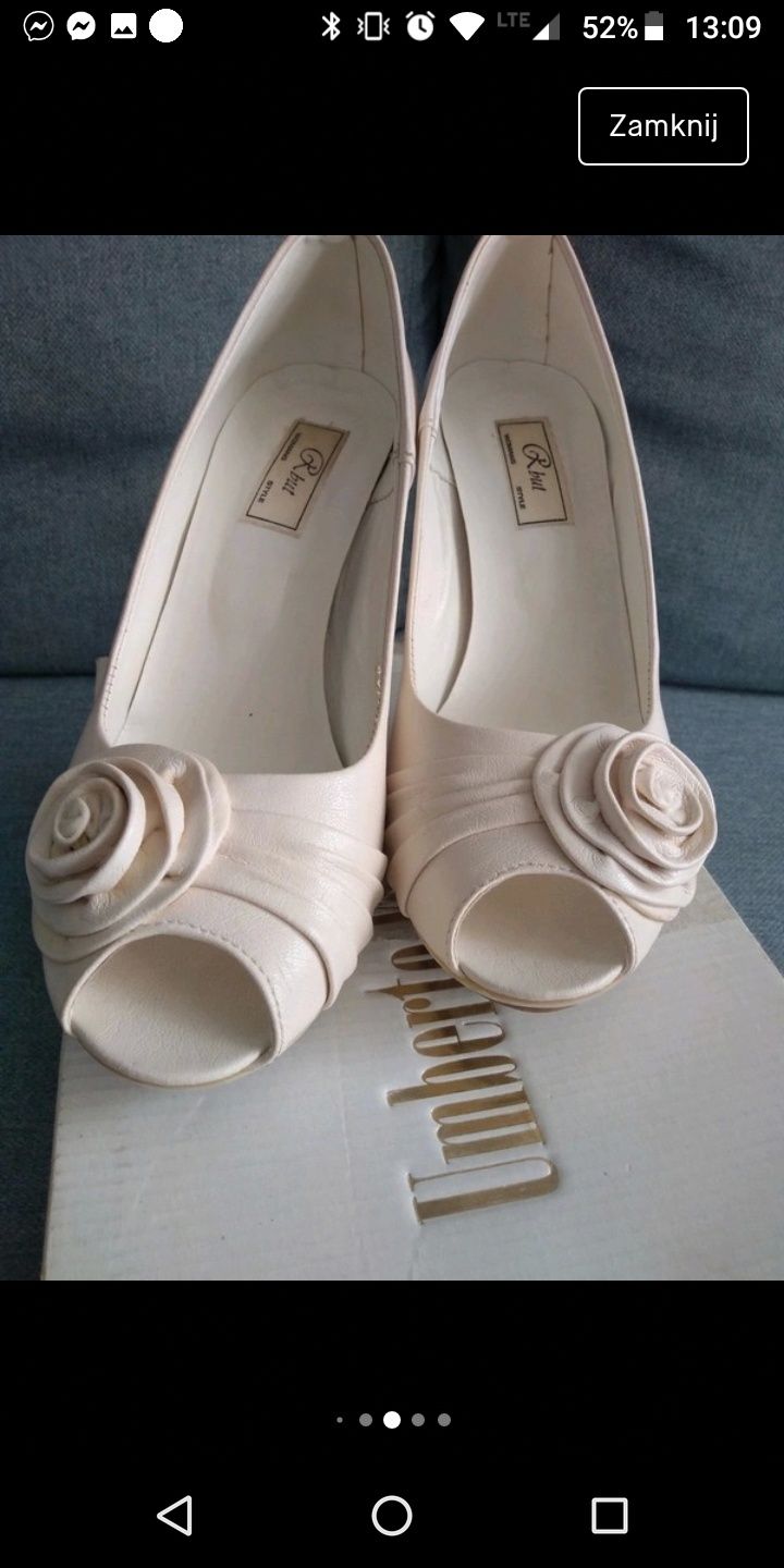 Perłowe kremowe buty ślubne z różyczką Umberto Vertucci 39