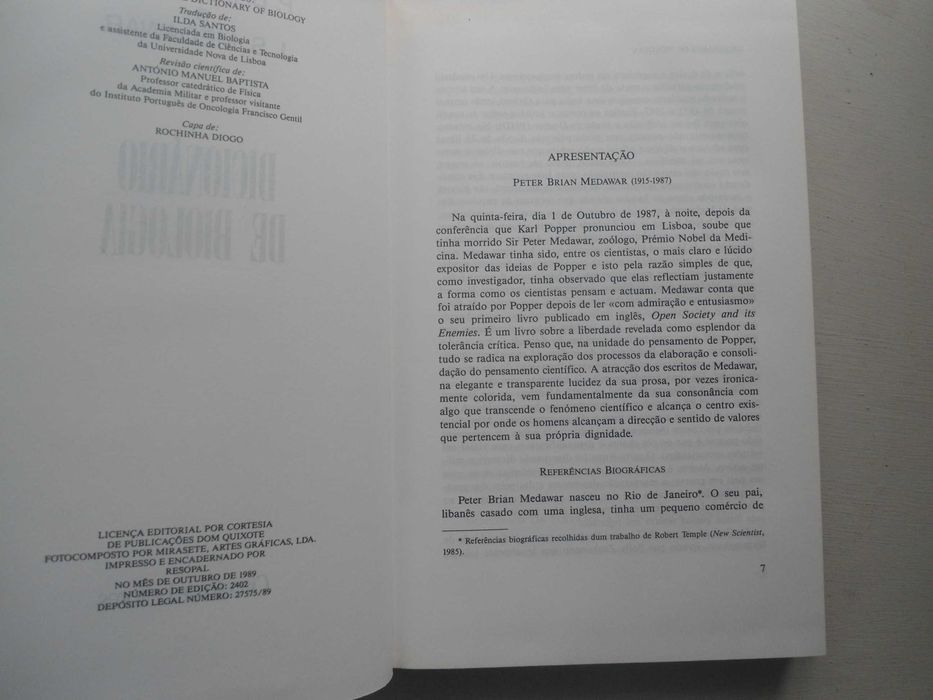 Dicionário de Biologia por P B Medawar e J S Medawar