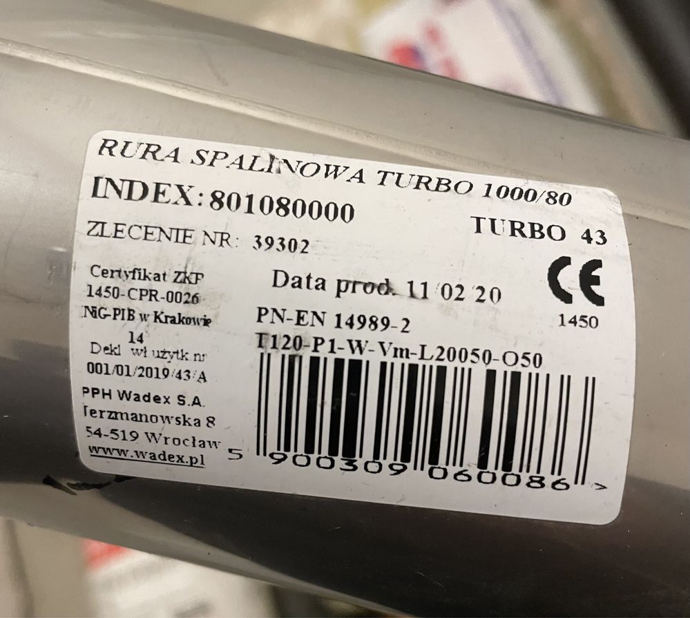 Rura komin rury nierdzewne do gazu 1 + 0,8m 1,8m Wadex 80 3874/0,5 A2