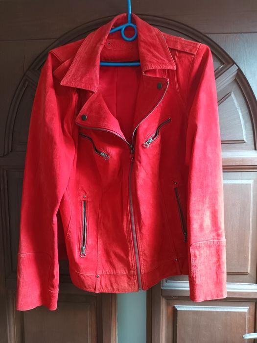 Damska ramoneska czerwona skóra naturalna nubuk zamsz xxl