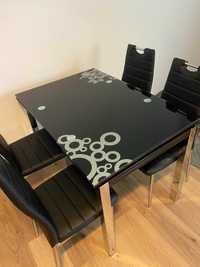 Stół TEMPERED Szklany Czarny Rozkładany + 4 Krzesła
