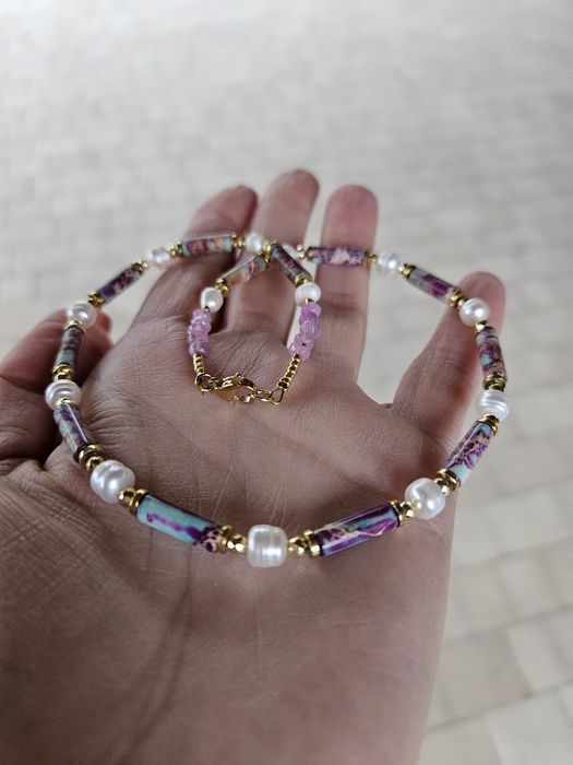 Naszyjnik kamienie naturalne Perły naturalne Jaspis Cesarski Hematyt