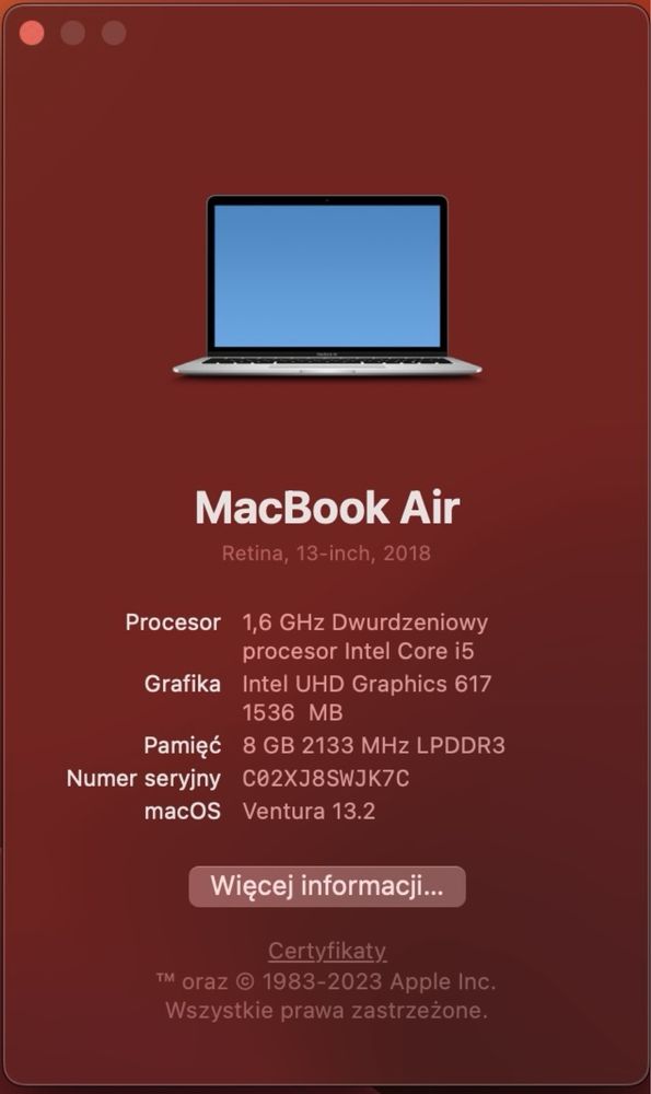 Macbook Air 13,3 A1932 rok 2018