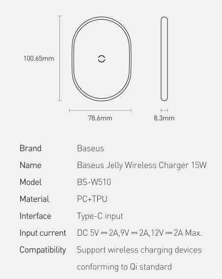 Беспроводная Зарядка "Baseus" (USB type C, выходная мощность - 15 Вт)