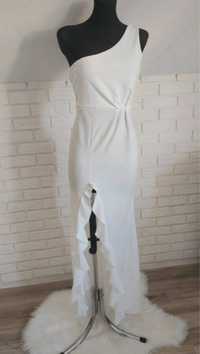 Nowa sukienka biała długa letnia na jedno ramie z falbanką XL 42