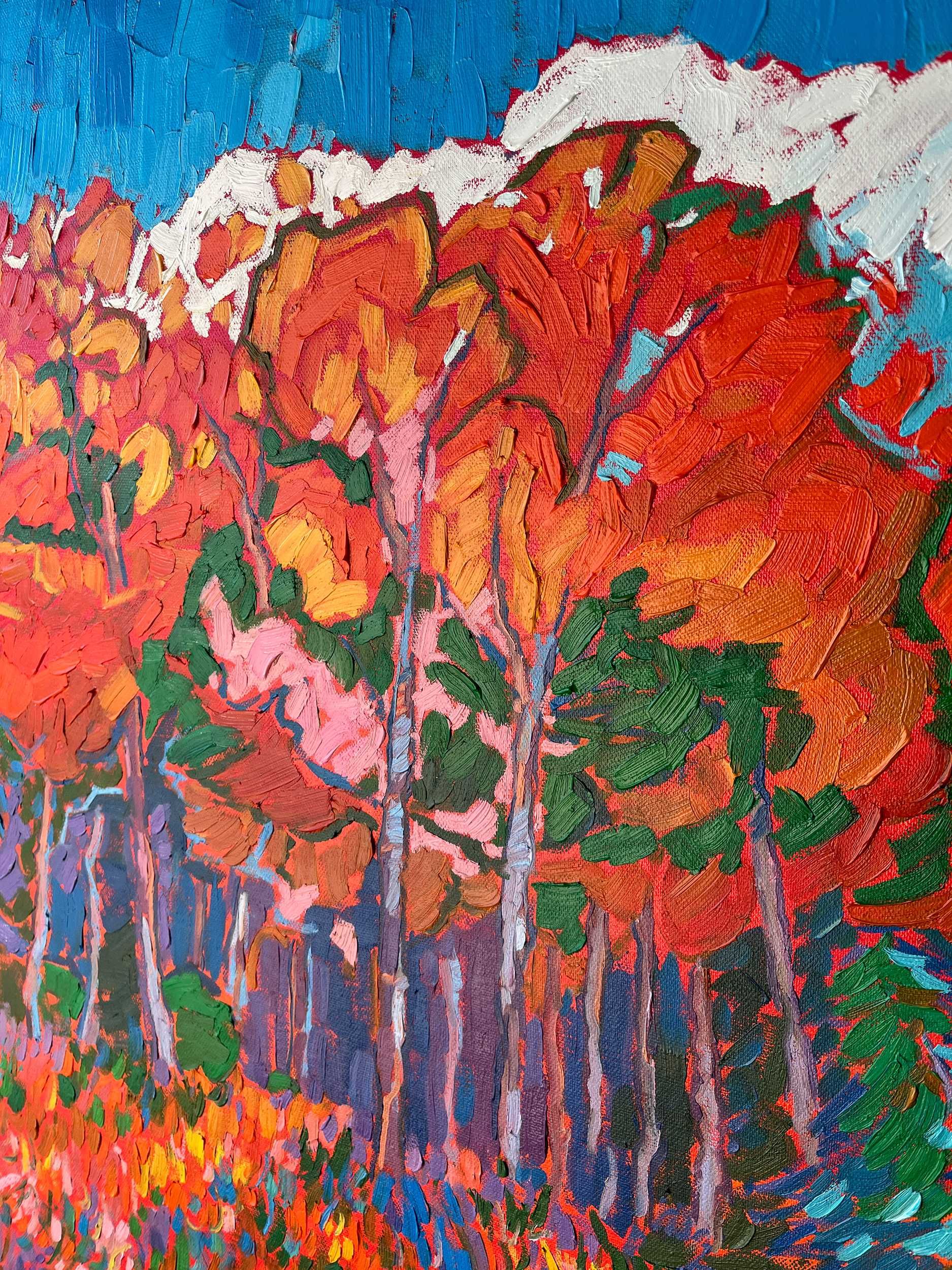 Oryginalny obraz olejny jesiennych drzew teksturowany impasto 60x80cm
