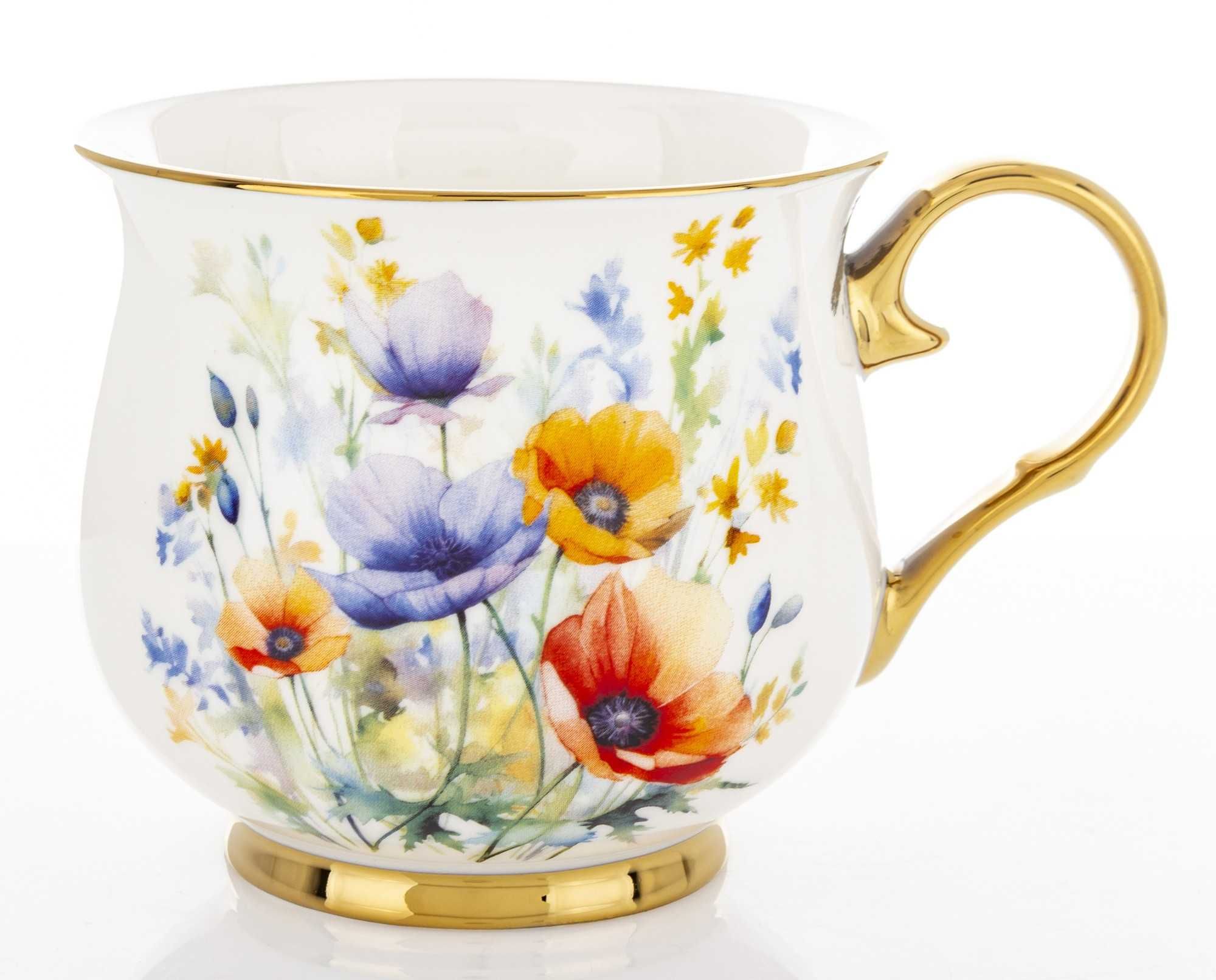 Kubek Porcelanowy Filiżanka do Kawy Herbaty 450 ml Biały Kwiaty Złoty