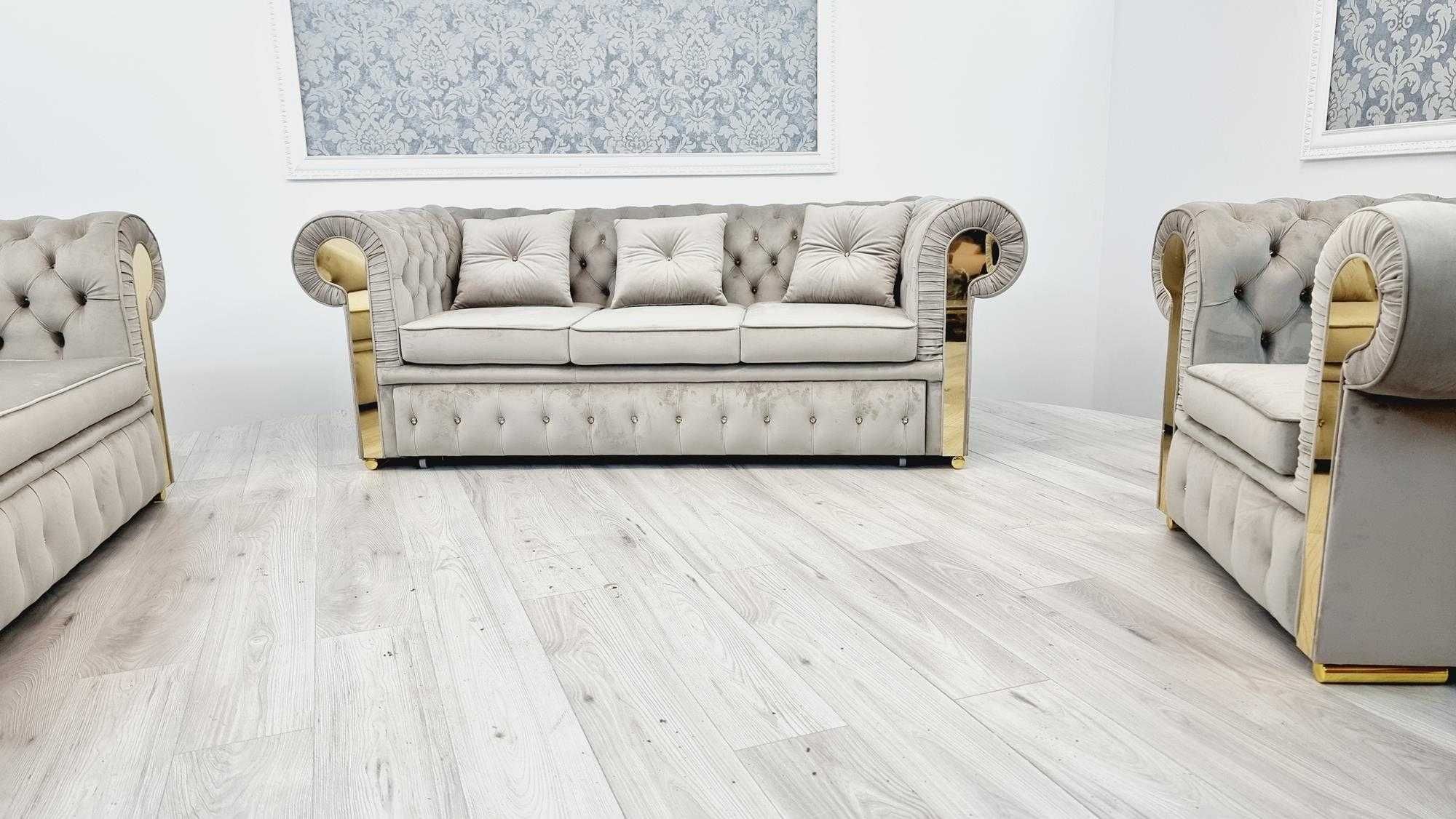 Zestaw pikowany chesterfield GLAMOUR 3os. + Szezlong + fotel PRODUCENT