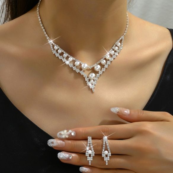 Komplet Biżuterii Perły Kolczyki Naszyjnik Ślub Srebrny Cyrkonie  B8