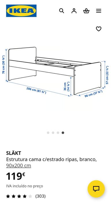 Cama solteiro, Estrutura cama c/estrado ripas, branco 90x200cm, bom es