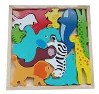Klocki puzzle układanka drewniana Montessori - zwięrzęta