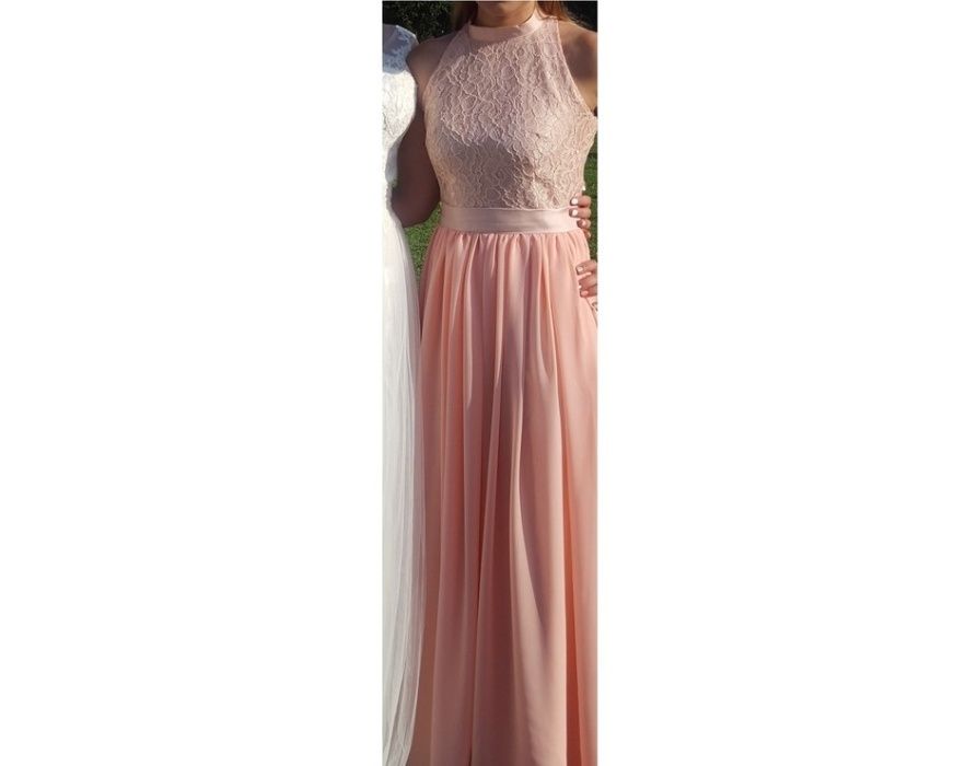 Sukienka maxi długa brzoskwiniowa/morelowa pudrowa dla druhny