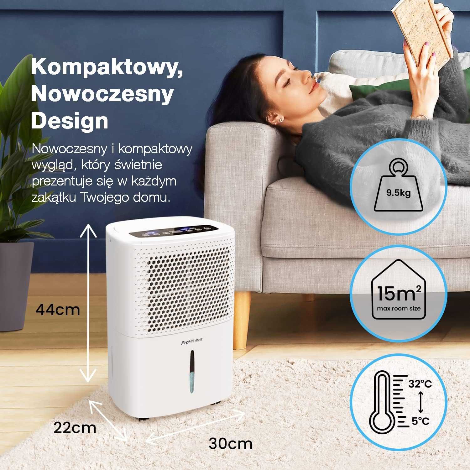 SKUTECZNY Osuszacz Powietrza ProBreeze 12L Wydajny Cichy Z Timerem Wąż
