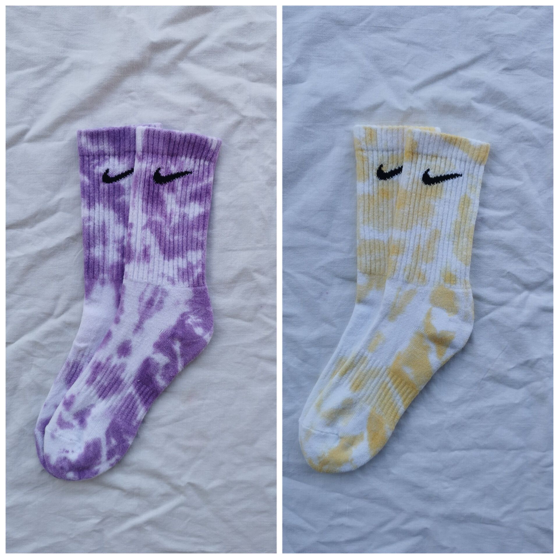 Skarpety nike tie dye wysokie 2 pary fioletowe i żółte