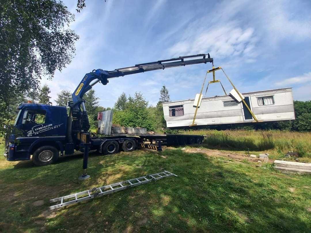 Transport domków holenderskich z HDS montaże Naczepa z HDS dłużyca