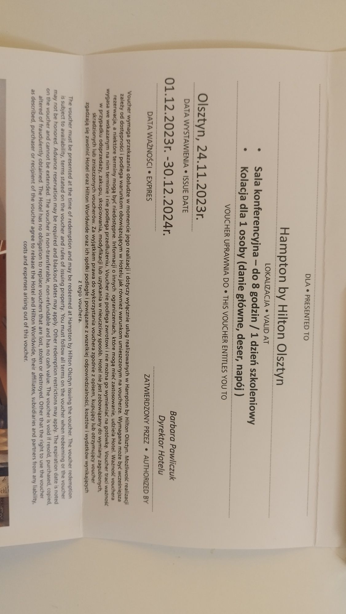 Voucher hotel Hampton Hilton Olsztyn sala konf 8h i kolacja za darmo