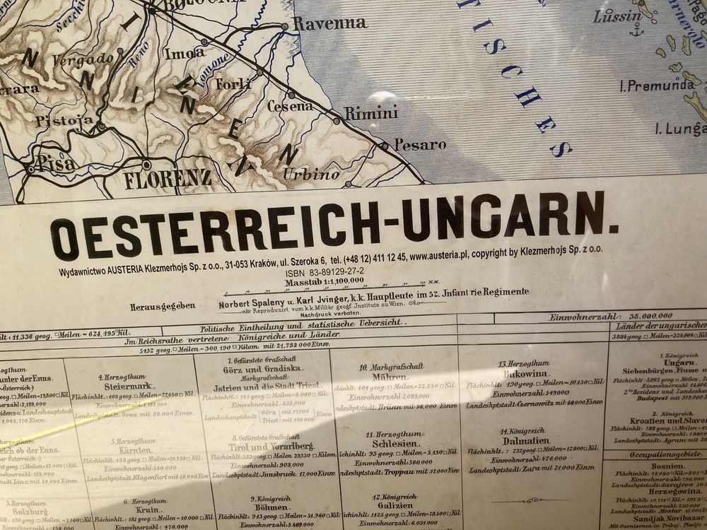 Ogromna MAPA AUSTRO-WĘGRY. OESTERREICH-UNGARN w ramie na zamówienie