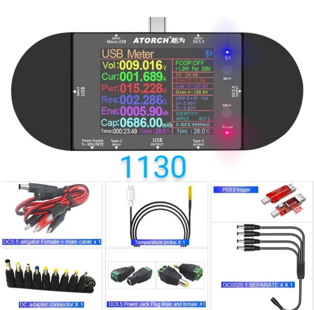 USB tester ATORCH UD18/UD24,  30V, DC 5.5,  Bluetooth . Юсб тестер