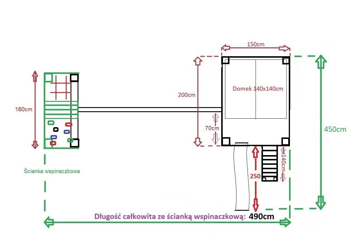 Plac zabaw "prosty" domek dla dzieci. Rozm. M. Huśtawki, wspinaczka