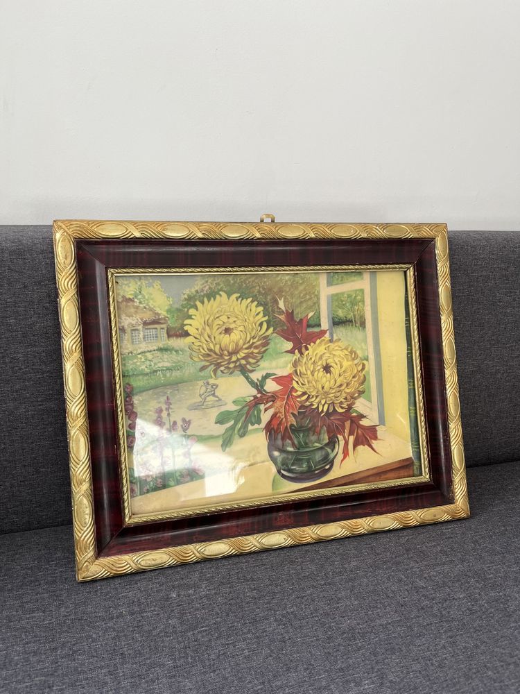 obrazek w ozdobnej ramie antyk retro vintage kwiaty