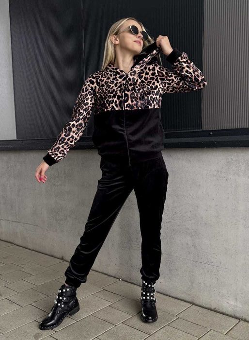 Dresy damskie welurowe w panterkę spodnie + bluza czarne r.S wys.24h