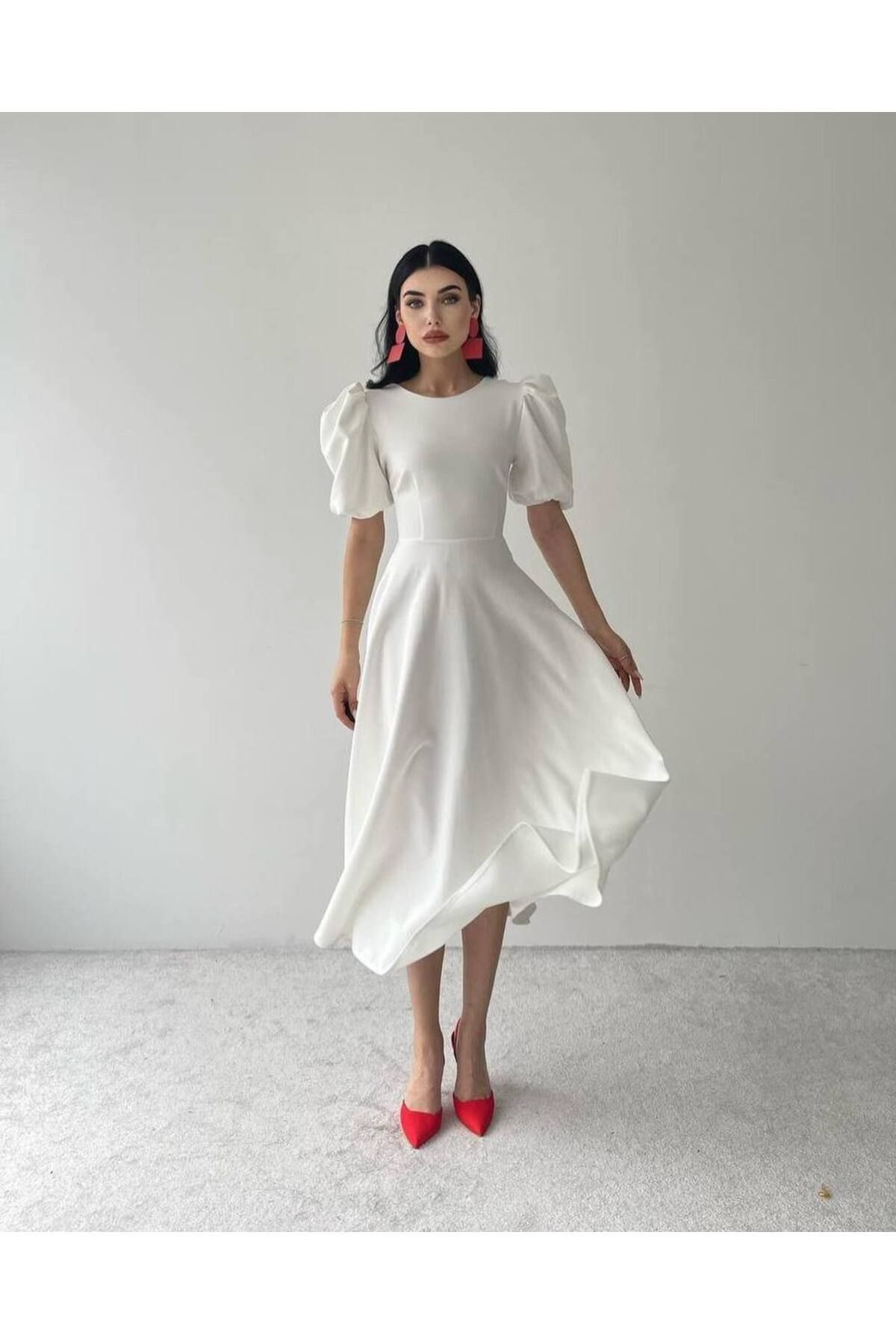 My Bella Butik 38 M Biała Rozkloszowana Sukienka Midi H16773
