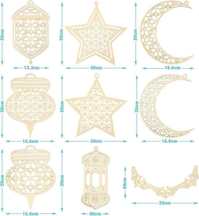 9 Sztuk Drewnianych Ozdób Ramadan Kareem, Dekoracje Wiszące, Białe