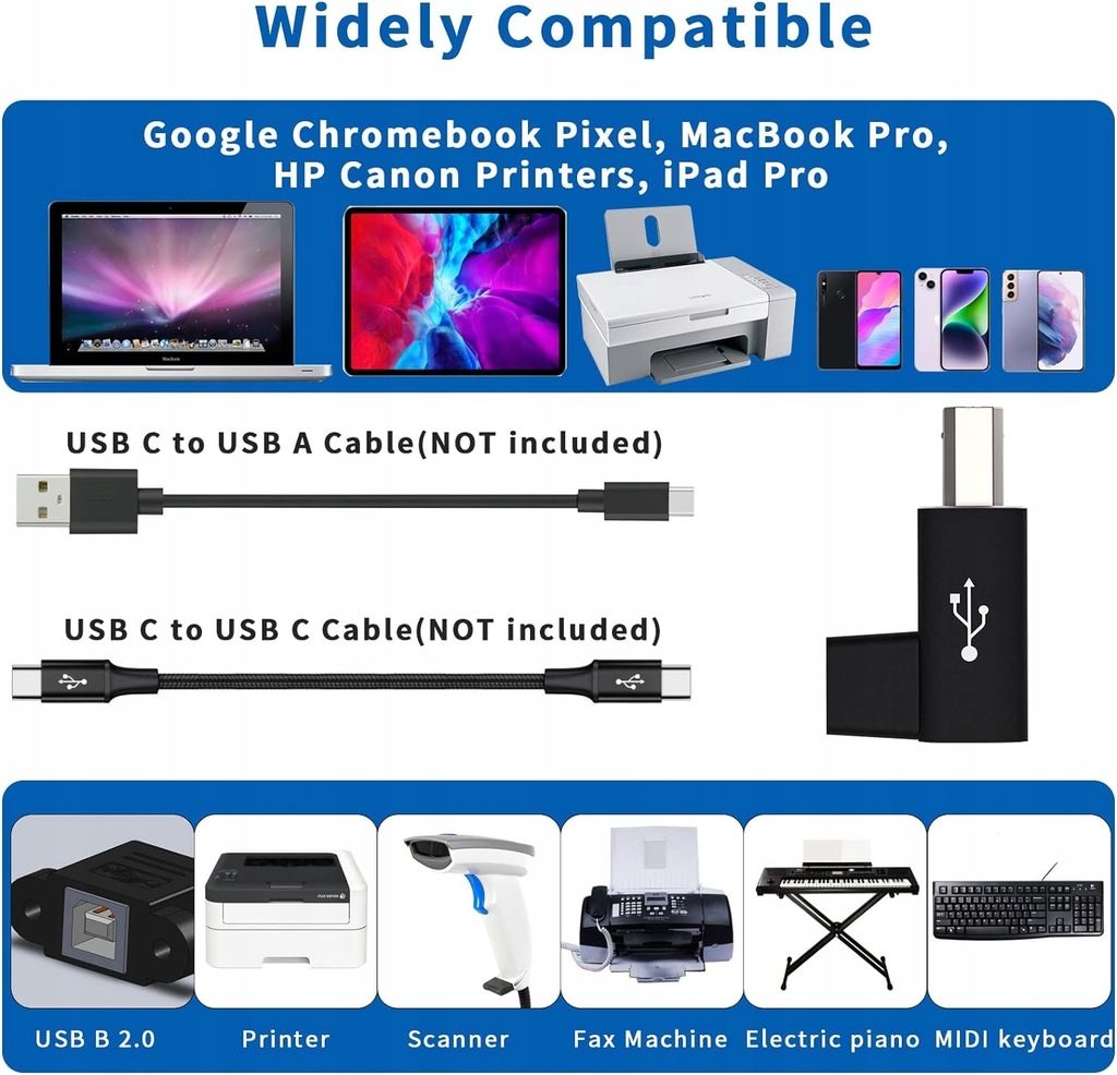 Złącze USB C na USB B, adapter 90 stopni