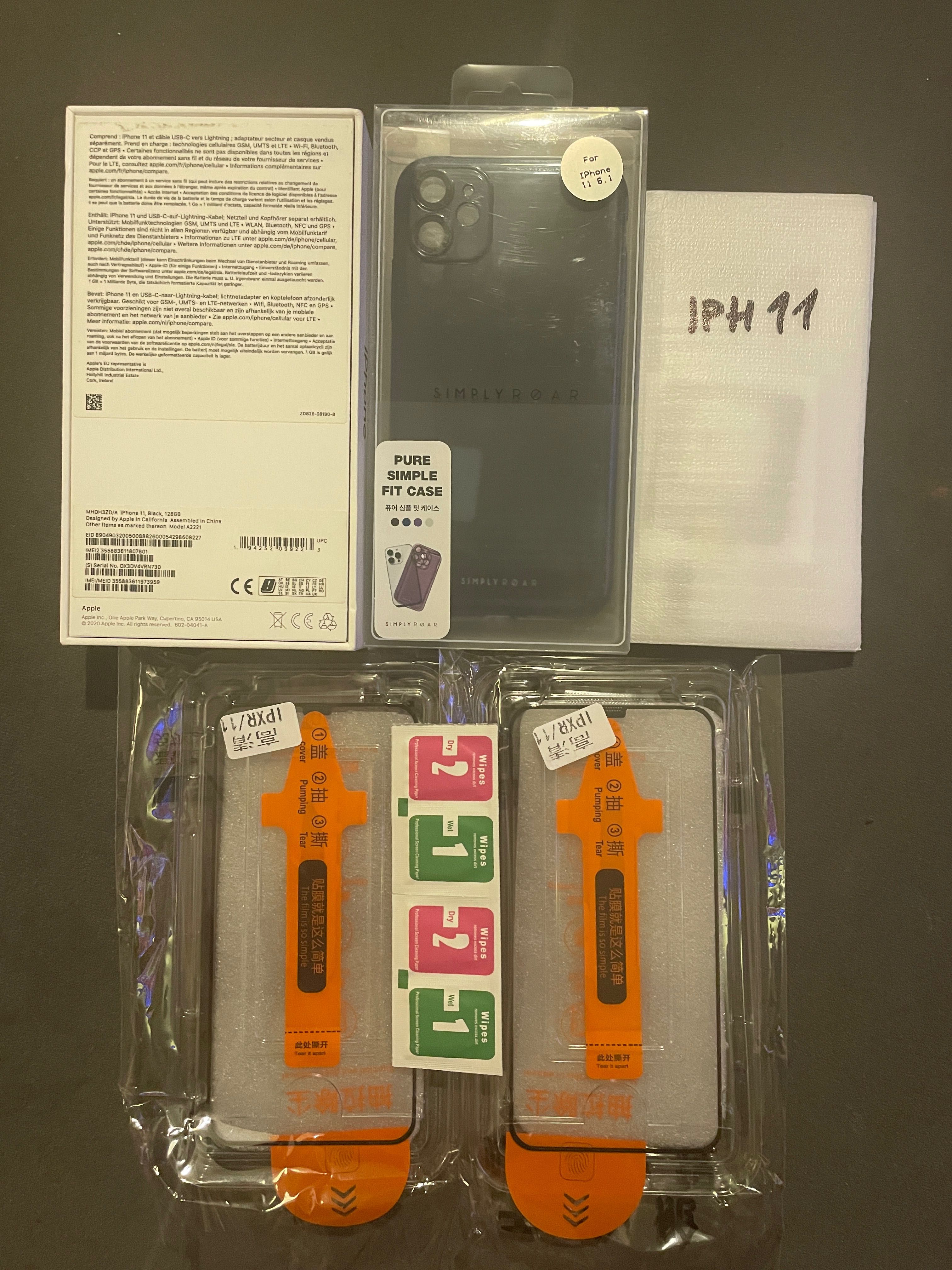 Zestaw do iPhone 11 pudełko kabel, etui, szkło na przód, tył i aparaty