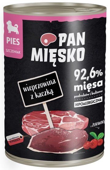 Wysokomięsna karma dla szczeniąt - Pan Mięsko Wieprzowina Kaczka 400g