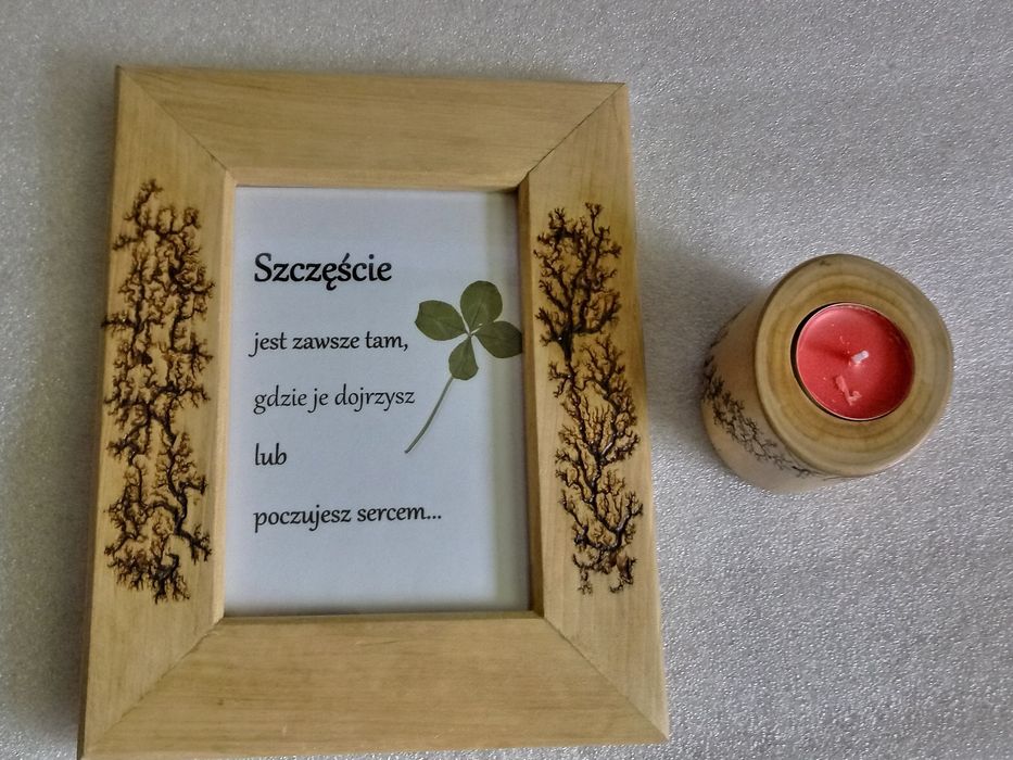 Ramka i świecznik. Drewniany zestaw. Na prezent. Na szczęście
