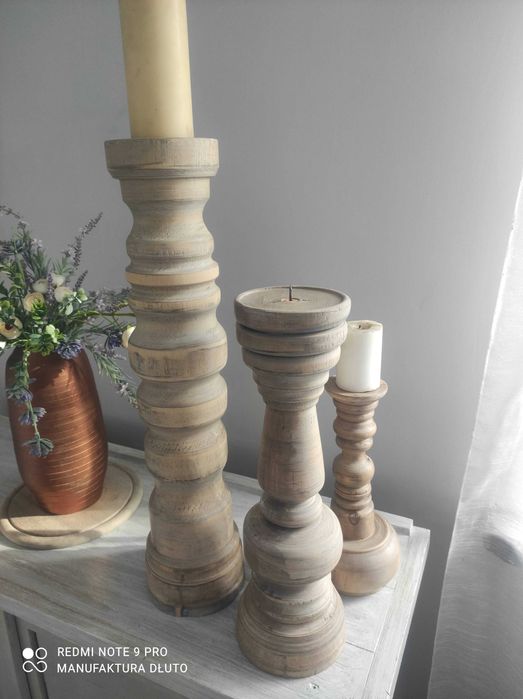 Świecznik vintage rustykalne drewniane toczone rękodzieło artystyczne