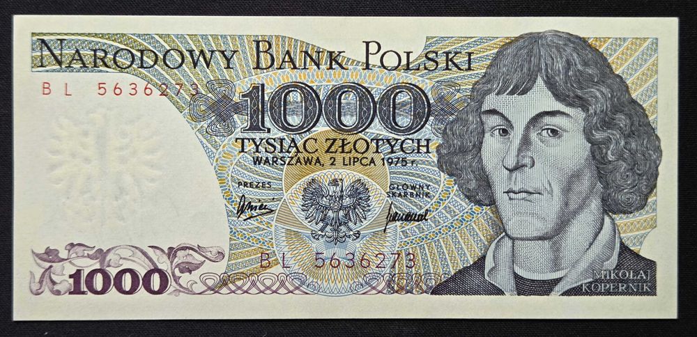 Banknot Polska Mały PRL 1000 złotych 1975 r. Seria BL Stan -I -UNC