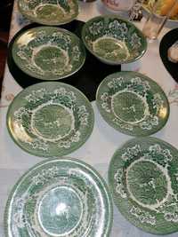 Porcelana angielska zielona - talerze głębokie (6 szt.) + salaterka