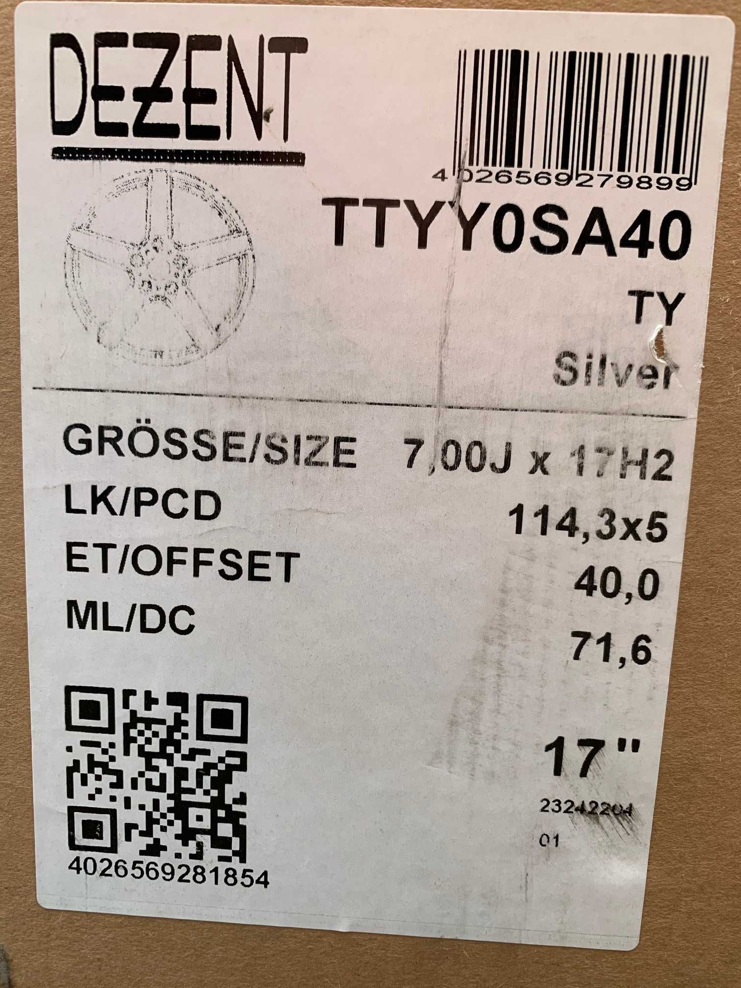 4x felgi DEZENT TY silver 17" roz 5x114,3 ET40 TOYOTA KIA NISSAN LEXUS