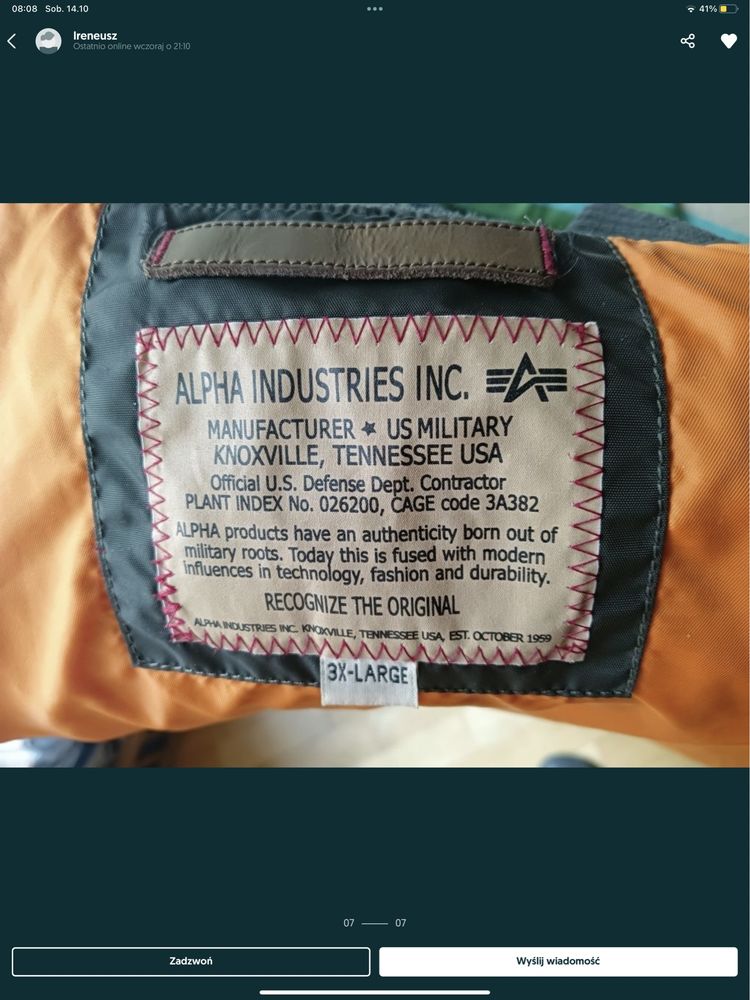 Kurtka alpha industries ma1 rozmiar xxxl nie ocieplana