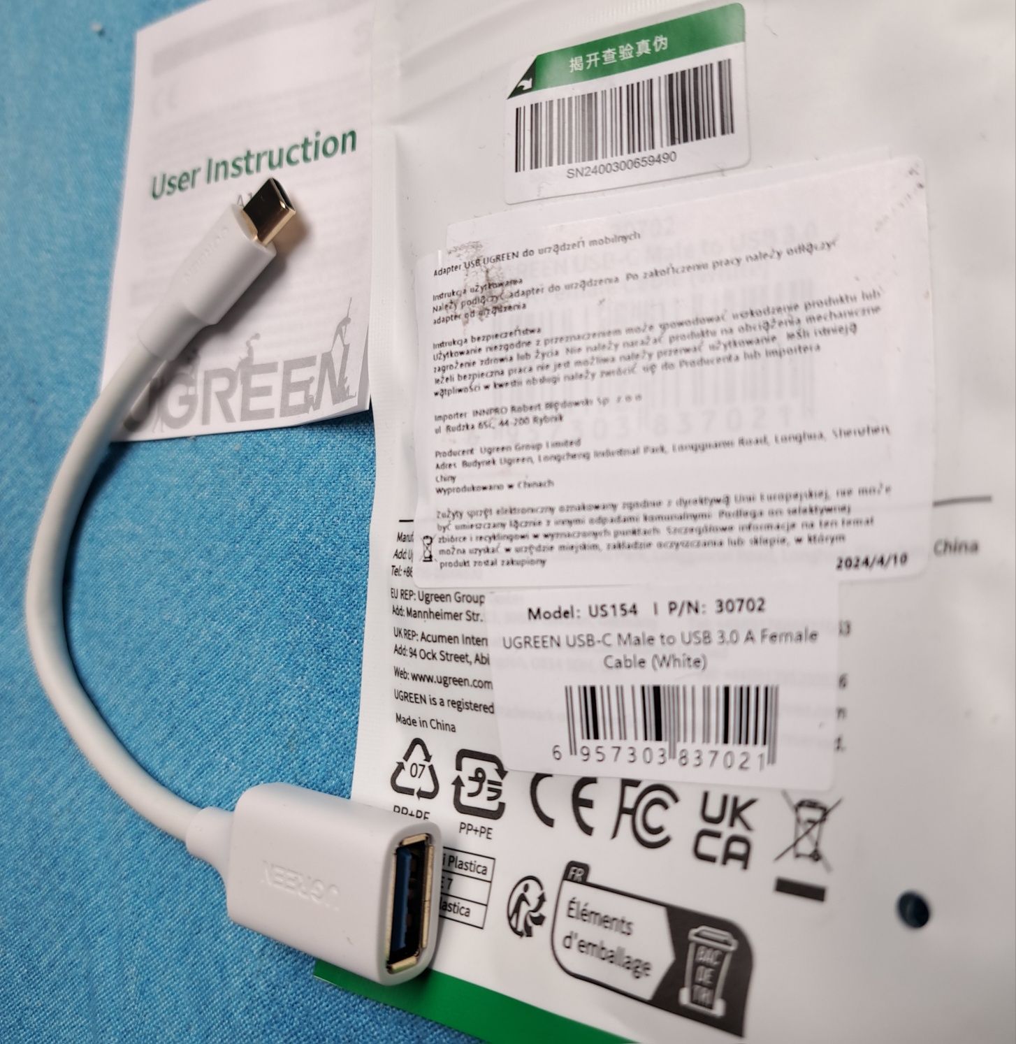 Kabel UGREEN adapter OTG USB-C 3.0, 15cm biały