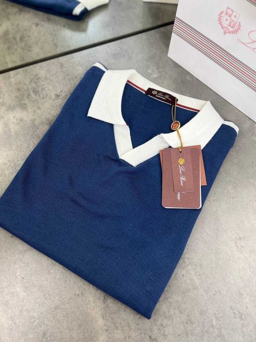 Мужская синяя футболка Loro Piana поло с вышивкой Лоро Пиана f696