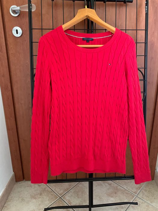Tommy Hilfiger r.M czrwony sweter plecionka warkocz bawelna