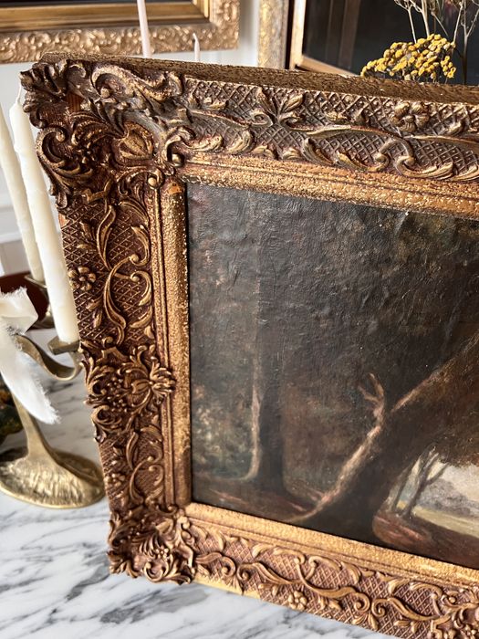 Stary duży obraz olejny antyk pejzaż drzewa las 1950 vintage zlota