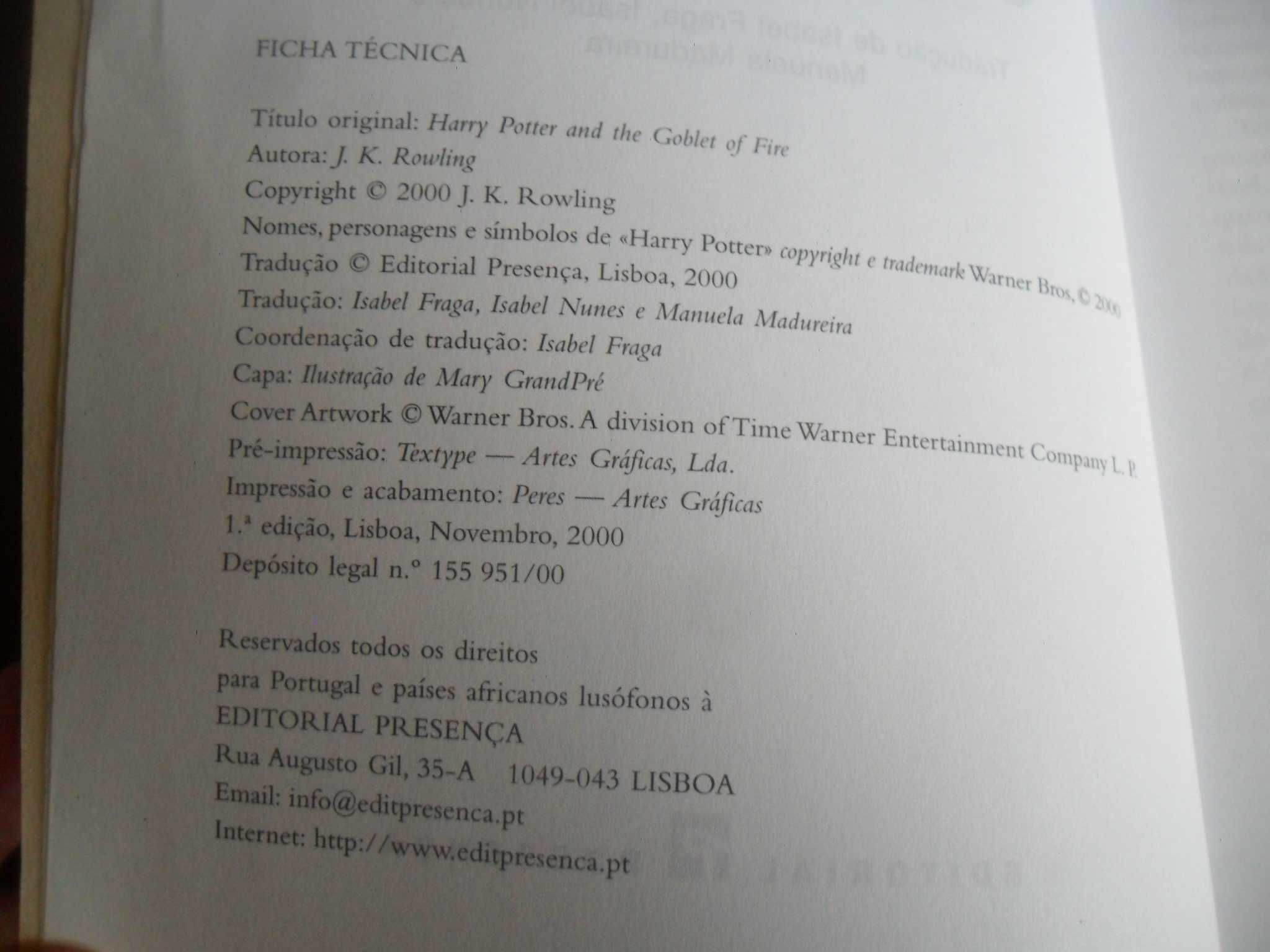 "Harry Potter e o Cálice de Fogo" de J. K. Rowling - 1ª Edição de 2000