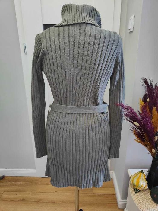 Zielony khaki długi  kardigan wiązany prążek  rozmiar M/L h&m