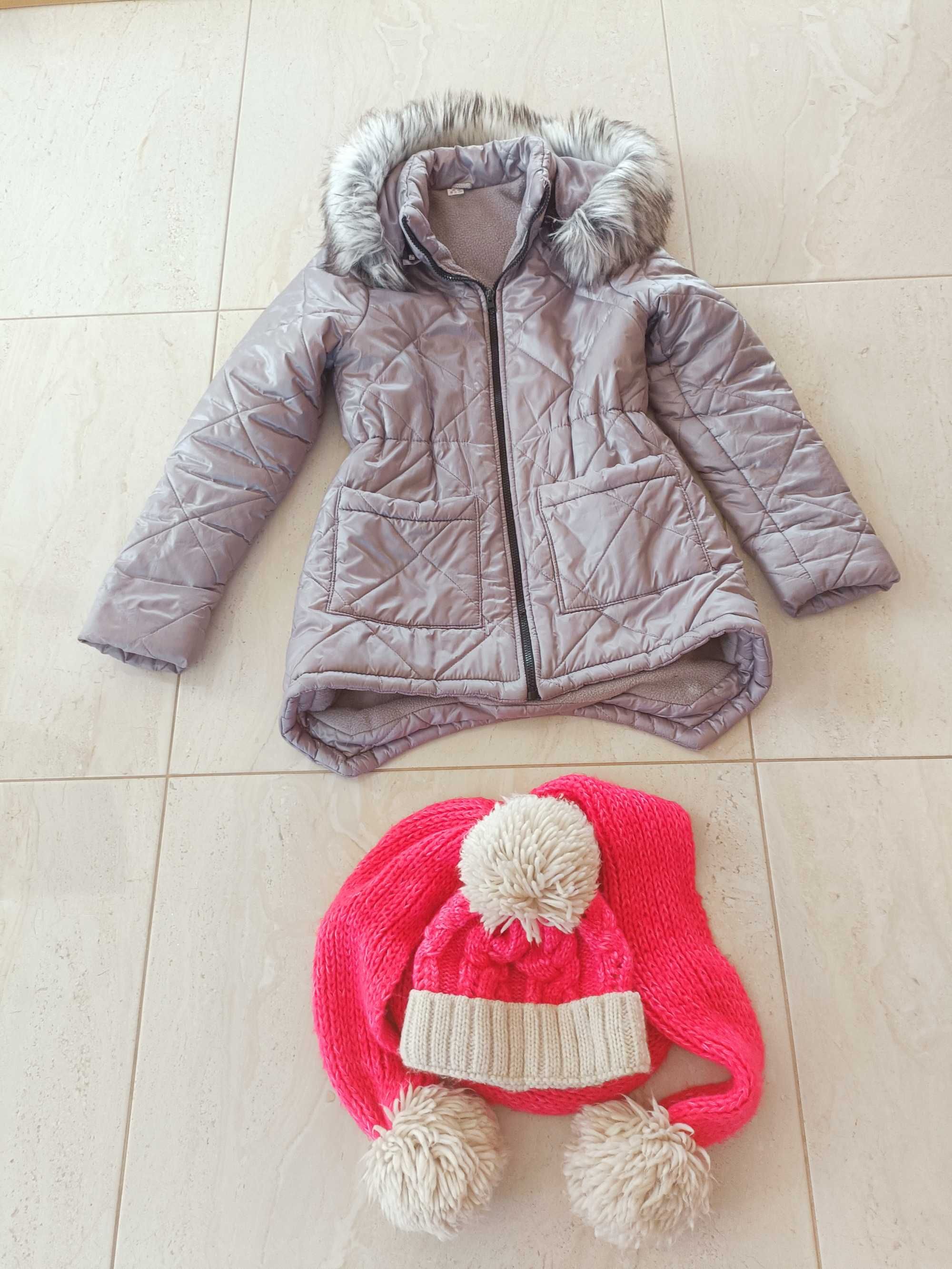 Kurtka zimowa, płaszczyk asymetryczny+ czapka i szalik