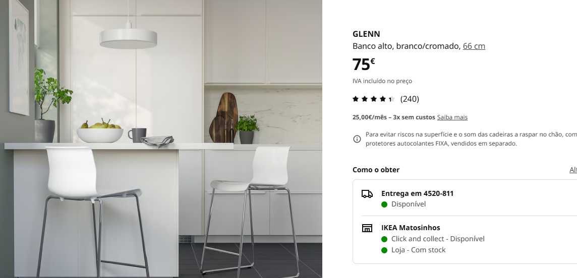 2 Bancos Altos GLENN do Ikea - Brancos/Cromados (66 cm)