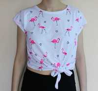 Krótki t-shirt koszulka z flamingiem wiązana Sinsay