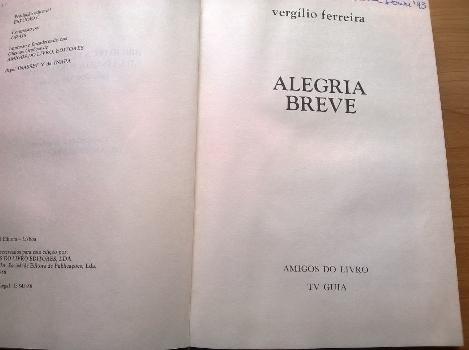 Alegria Breve - Vergílio Ferreira (portes grátis)