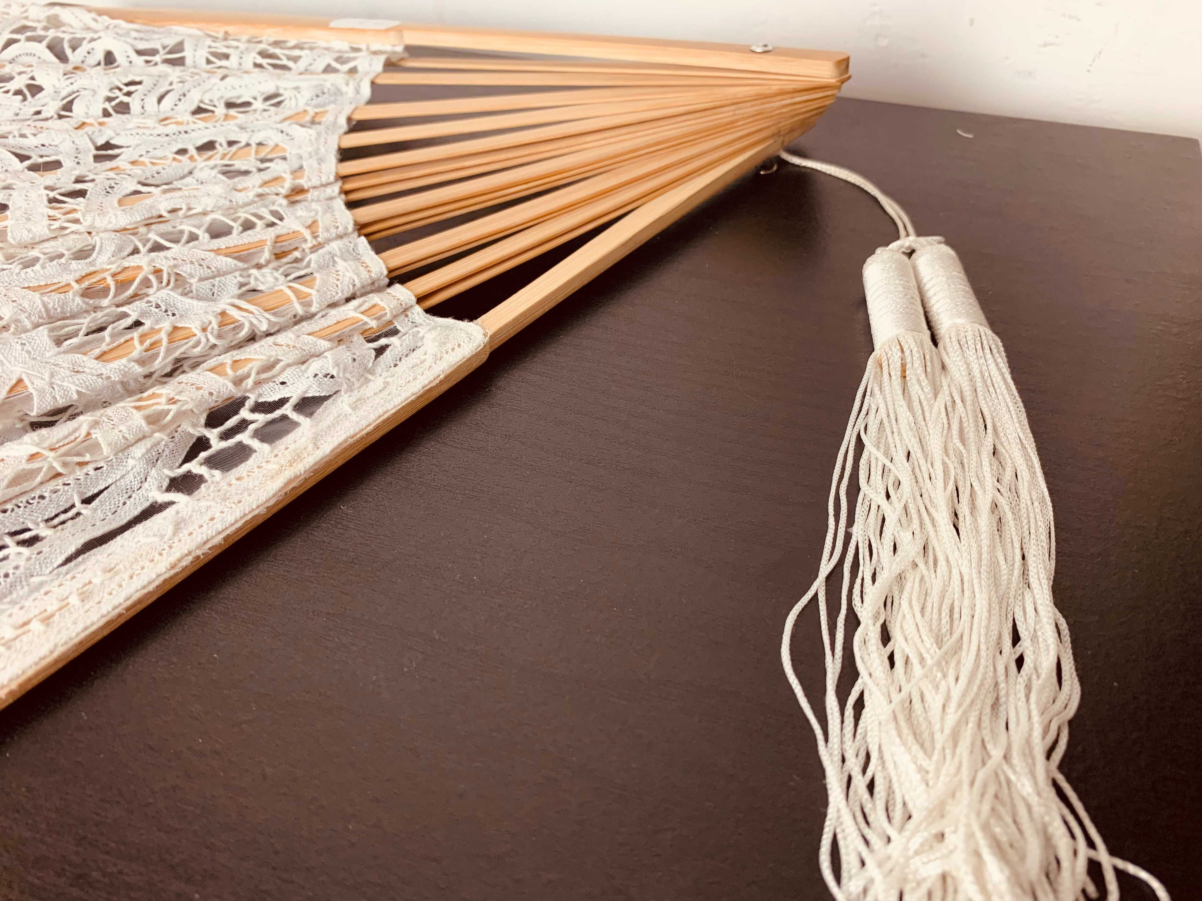nowy duży wachlarz ślubny koronkowy ivory kremowy drewniany boho tanio