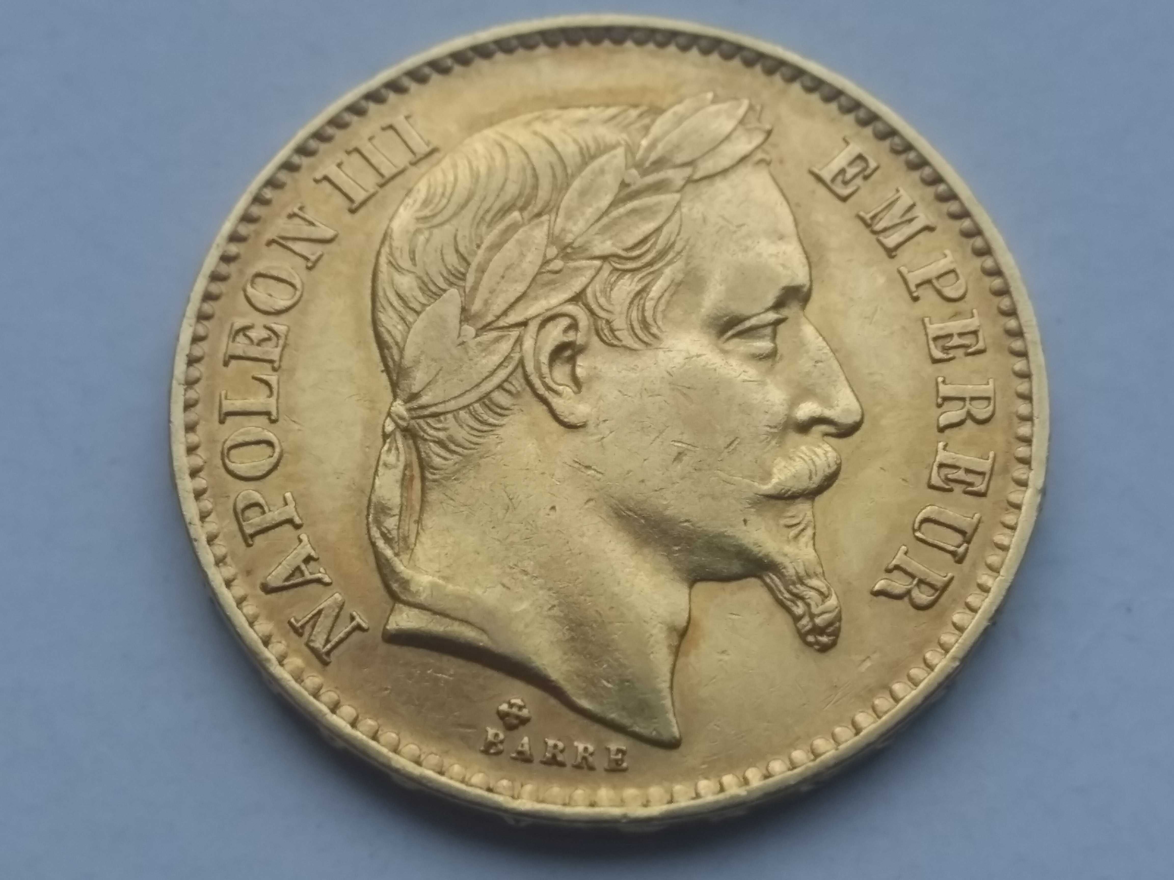 1867 Francja, Napoleon III - 20 franków, Au 900, 6,45 g. Stan 3+/2-