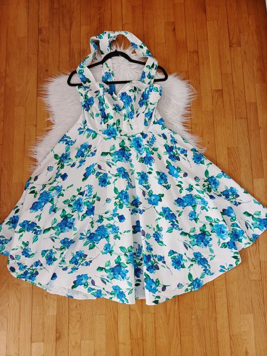 Sukienka, Grace Karin, XL/44, biała, niebieska, wiązana na szyi