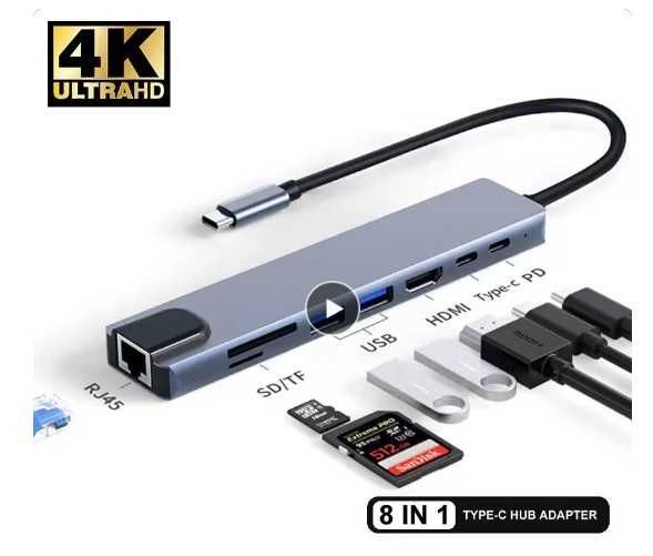 HUB 8in1: USB-C, 4K HDMI, 2xUSB 3.0, 1x SD, 1 x micro SD, port LAN